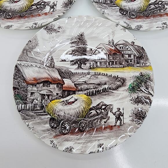 VTG Yorkshire Staffordshire Ironstone Bread Plates Set 4 Farm Scene England - Picture 5 of 9